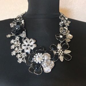 WHBM Floral Statement Necklace Black & Silver